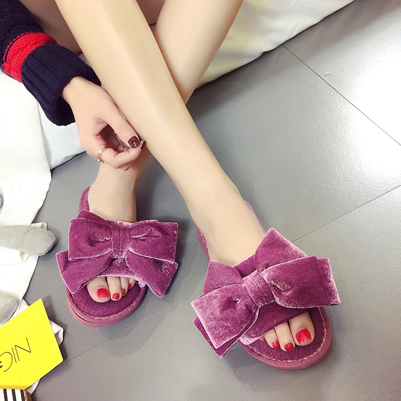С большим бантом женские меховые Сандалии-шлепанцы мягкая женская обувь 4 вида