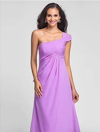 Delicate Design for Every Lady A-line Ruched Wide Straps One-off-shoulder Chiffon Floor-length Evening Dresses LTE79 | Свадьбы и