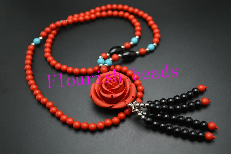 

Trendy Style Red Cinnabar Round Beads Tassel Big Rose Pendant Bead Chains Necklace Fashion Woman Jewelry