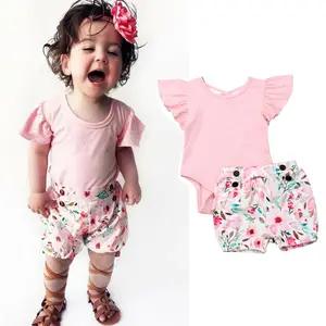 Детские комплекты одежды с цветочным принтом для маленьких девочек от 0 до 24 месяцев, розовый комбинезон с короткими рукавами и оборками, короткие штаны, комплект одежды