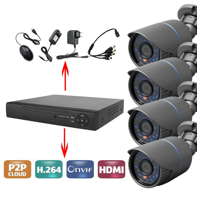 Система видеонаблюдения 4CH AHD DVR с 4 ИК наружными цилиндрическими камерами 720p 24