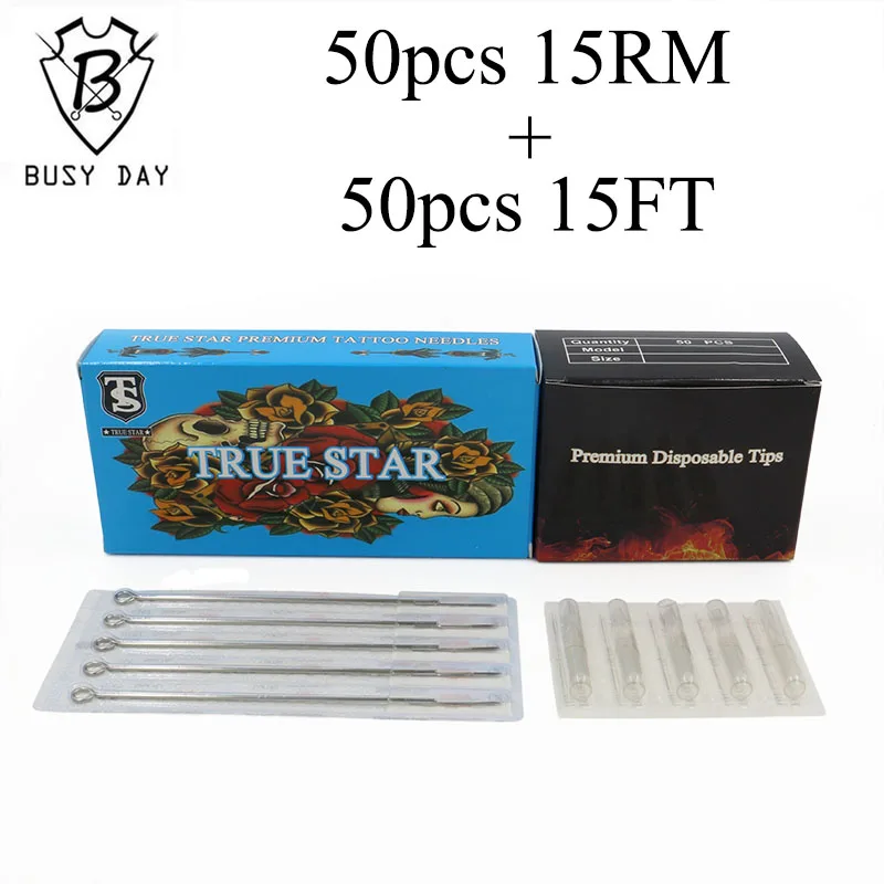 (15RM + 15 футов) 50 шт. иглы для татуировок True star и наконечников Прозрачные