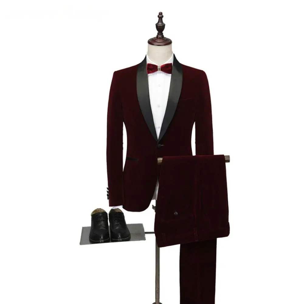 2019 traje de los hombres esmoquin de terciopelo Burdeos Terno Slim boda baile trajes formales para hombres Set 2 piezas (chaqueta + pantalones)