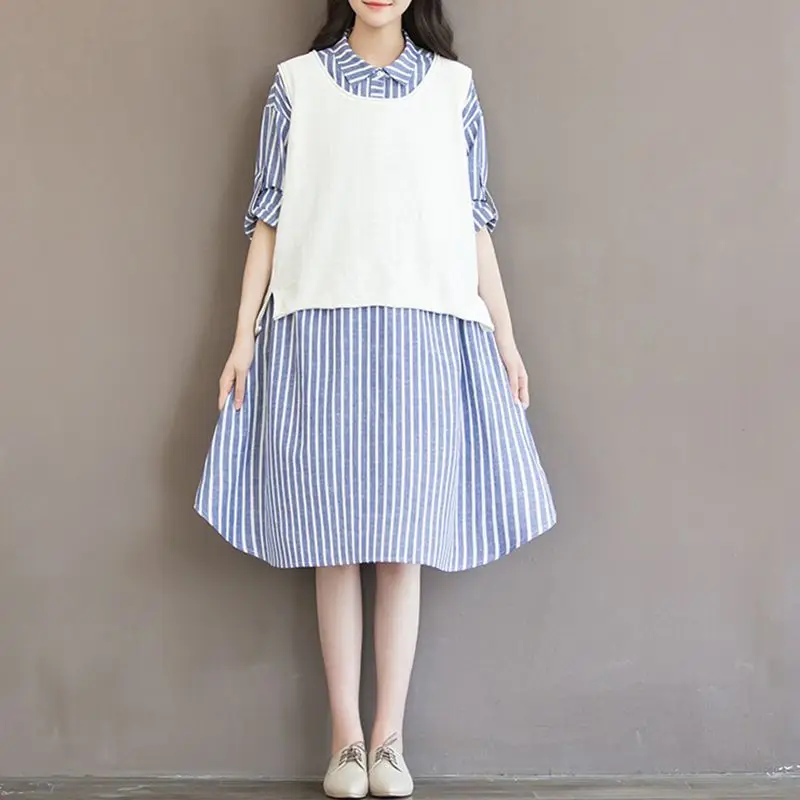 Новинка 2018 женское Полосатое платье рубашка с рукавом до локтя плюс размер 3XL