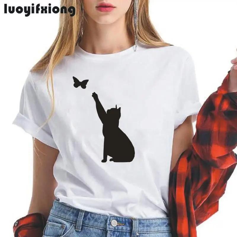 

Luoyifxiong Cat Catching Butterfly Printed Funny Women Tshirt Short Sleeve Casual Tee Shirt Femme 2021 Summer T-shirt Women Tops