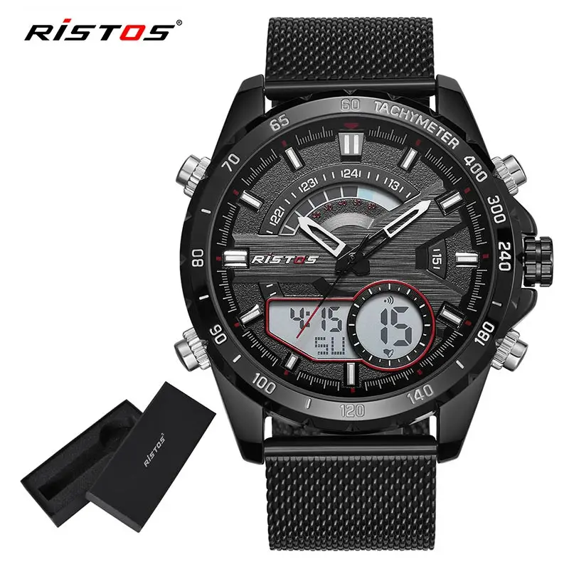 Black Red With Box RISTOS, мужские цифровые наручные часы с хронографом, многофункциональные часы со стальной сеткой, модные мужские часы, мужские спортивные часы 9361 - Цвет: Black Red With Box