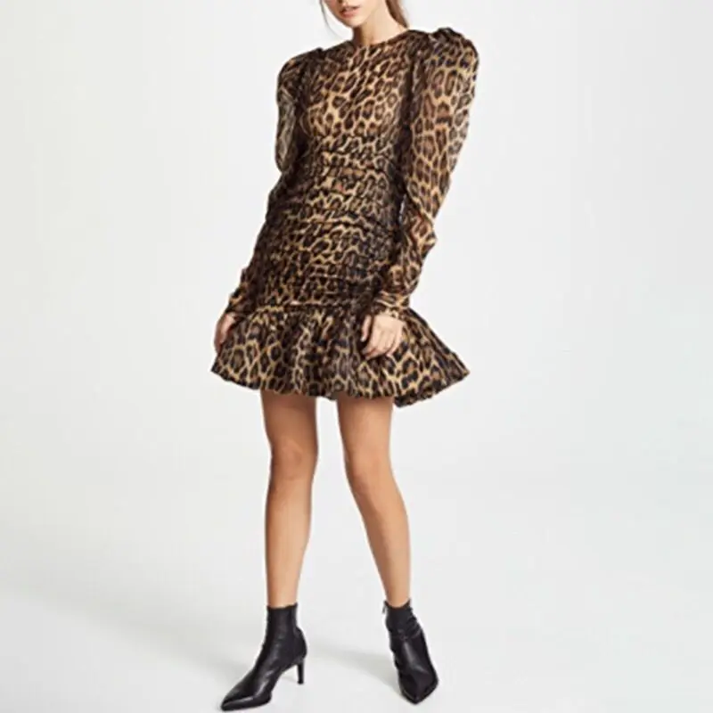 Winter Leopard Bodycon Dress Elegant Puff Sleeve Celebrity Sexy Ruffles Evening Party Long Dresses Women | Женская одежда
