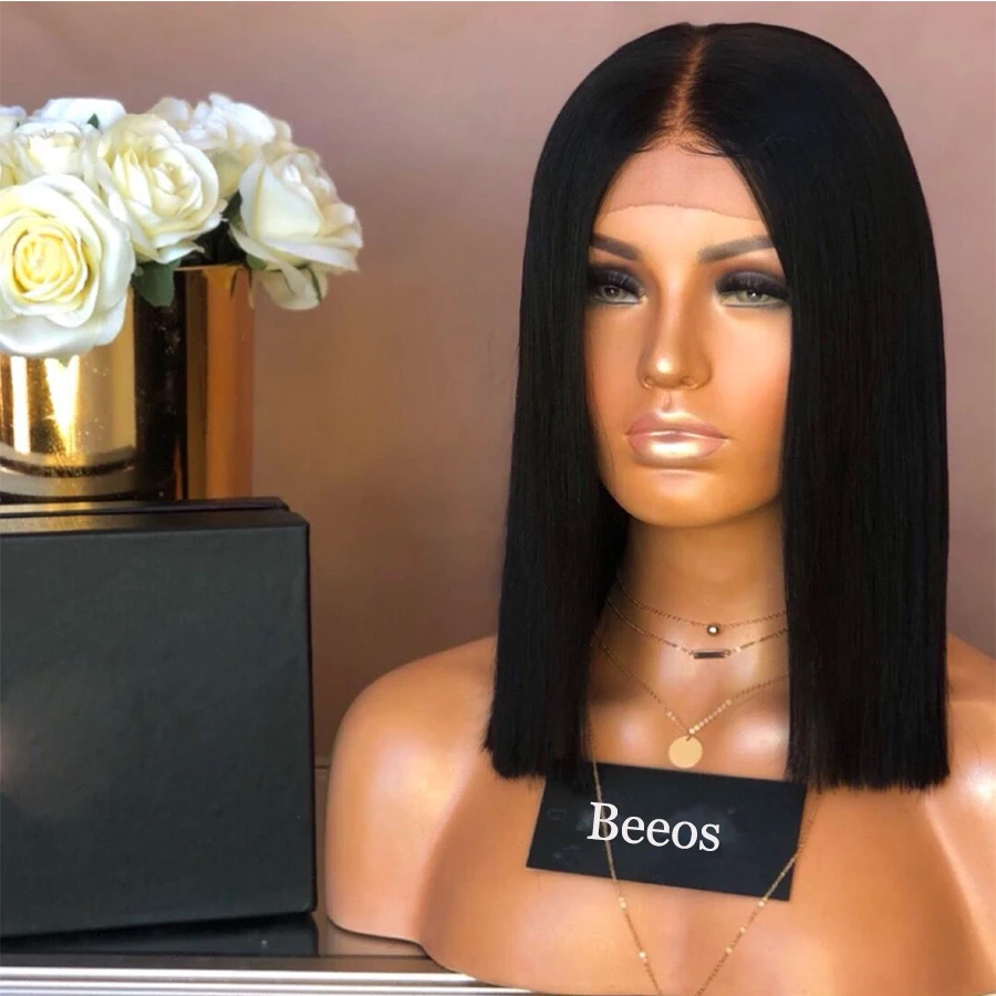 Beeos Волосы Бразильские Remy 13*6 прямые человеческие волосы боб короткие парики из человеческих волос 180% Плотность Детские волосы кружевные передние парики для женщин