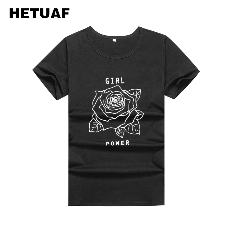 HETUAF Girl Power Rose Ulzzang Графические футболки женские топы Феминистская Мода винтажная