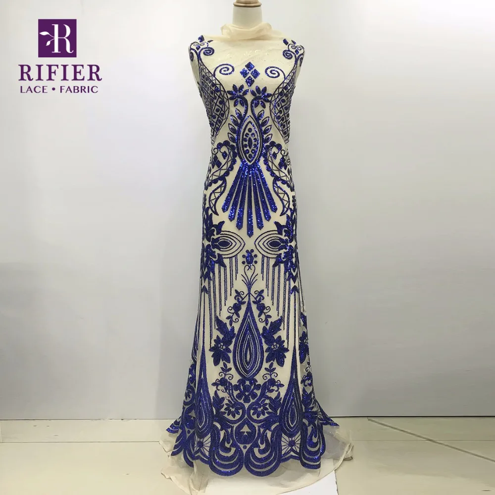 

High Quality 2019 Blue Colour Sequined African Mesh Net Lace Fabric For Indian Wedding Dress With Sequined Tulle Lace Material