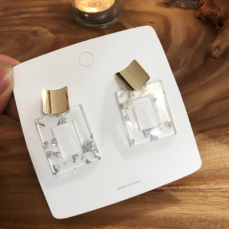 HUANZHI 2019 Gold Foil Luxury Rectangle Hollow Golden Geometric Transparent Elegant Drop Earrings for Women Party Holiday Girl | Украшения
