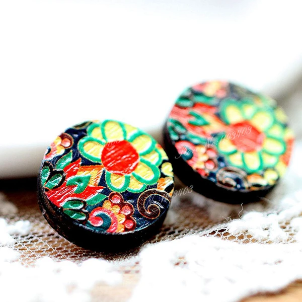 Unique 3D Flower Embossed 16mm Round Coloured Drawing pattern Laser Cut wood Cabochon DIY for Rings Earring Brooch Necklace | Украшения и