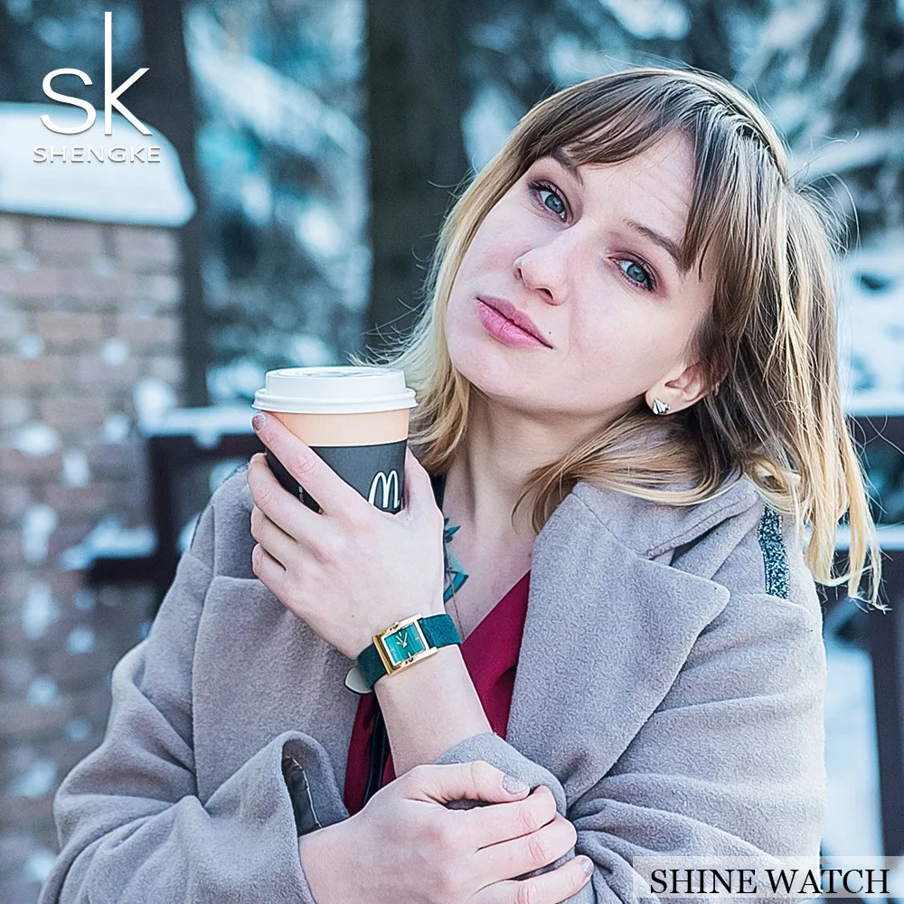 Женские кожаные часы Shengke роскошные кварцевые наручные с квадратным циферблатом