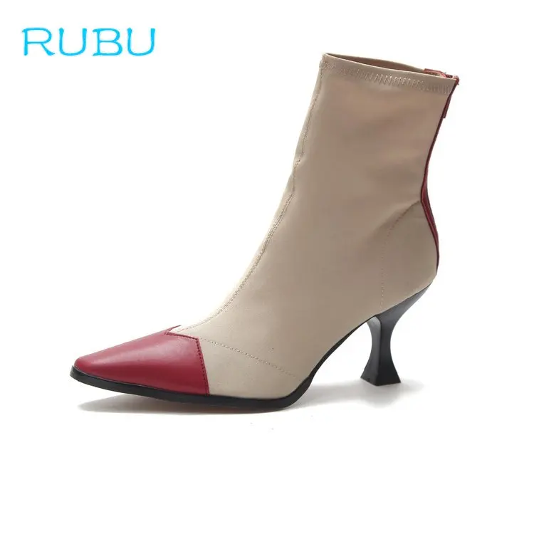 RUBU 2018 новые ткани стрейч женские ботильоны острый носок и высокий каблук Slip-On