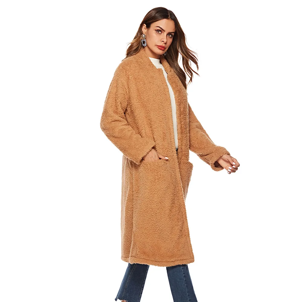

TUHAO Teddy Bear Coat Women Pockets V-neck Faux Long Fur Coat Casual Outerwear Fleece Windbreaker TF4049