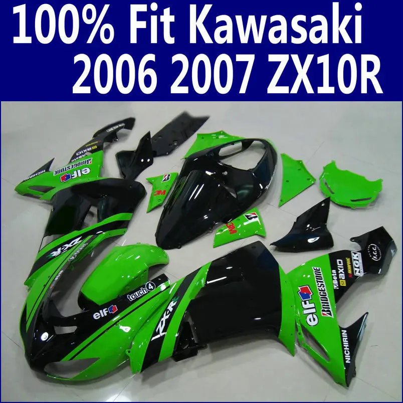 Набор пластиковых обтекателей для Kawasaki ZX10R 2006 2007 зеленый черный Обтекатели
