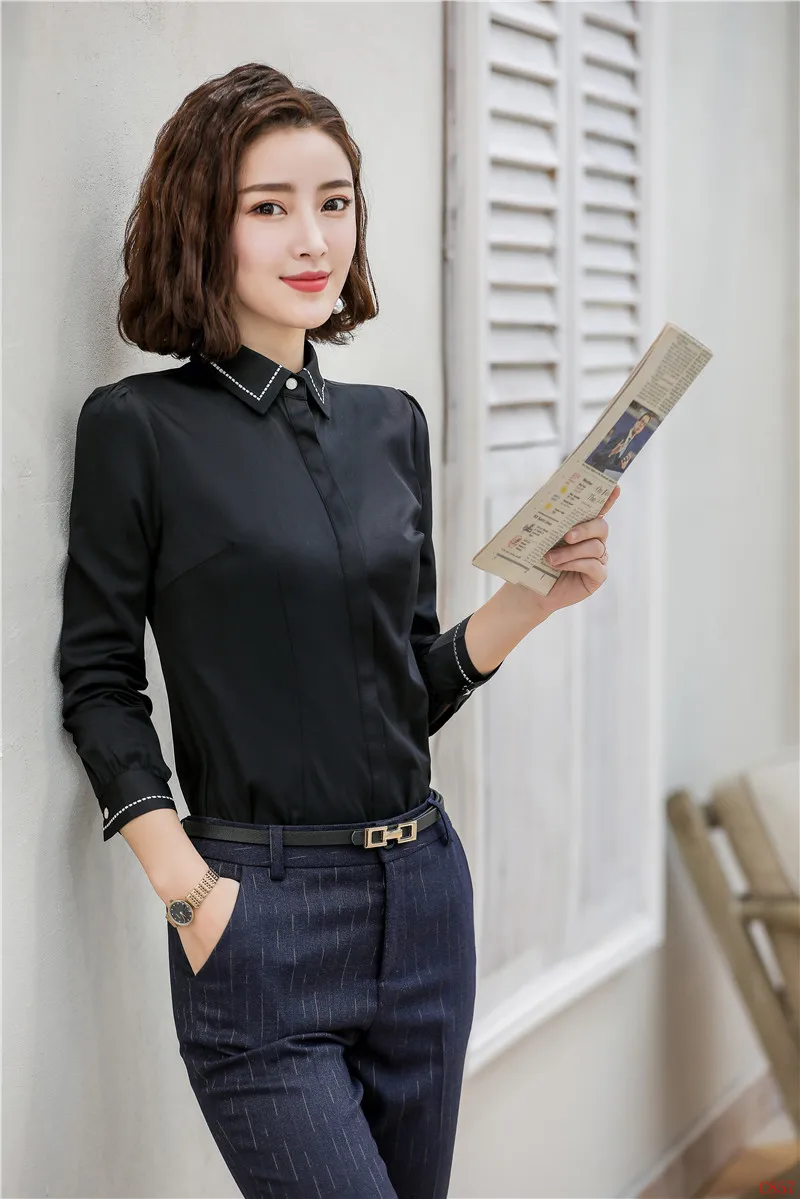 Модные женские черные блузки и рубашки с галстуком длинным рукавом Офисная