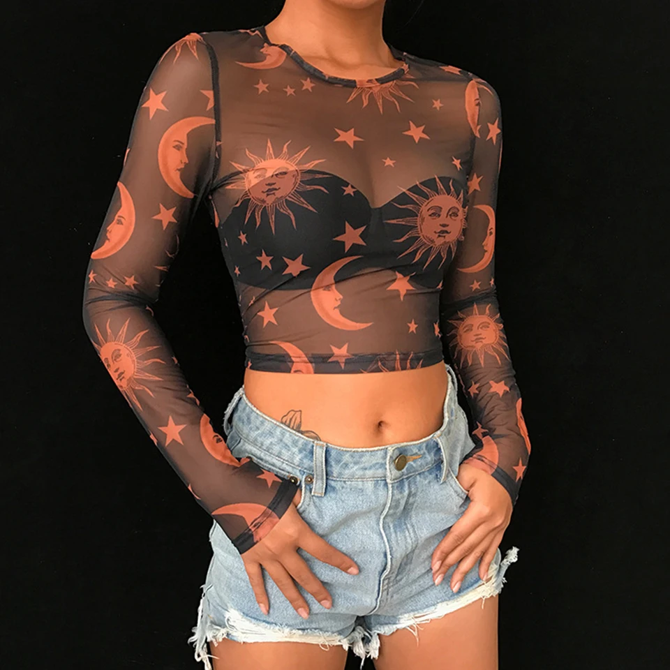 See Through Clubwear Transparent Turtleneck Shirt Vetement Femme 2019 Long Sleeve Sheer Mesh Crop Top T Angel Print Women | Женская
