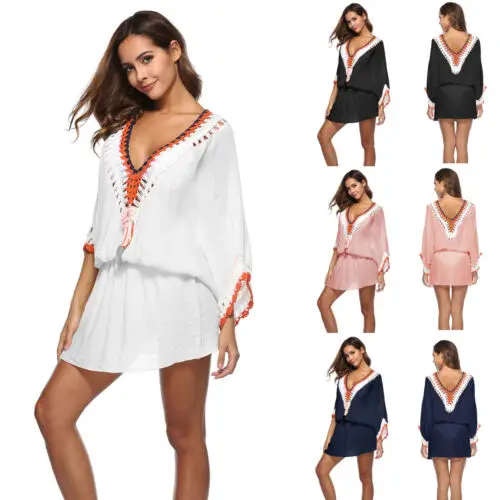Women Beach Dress Swimsuit Swimwear Bikini Cover Up Holiday Long Sleeve Deep V Neck Tops |