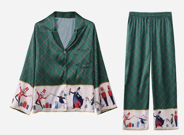 2019 New Spring and Autumn Women Lapel Long Sleeve Plaid Printed Pajamas Home Clothes Female Silk Satin Sleepwear Night Wear | Женская