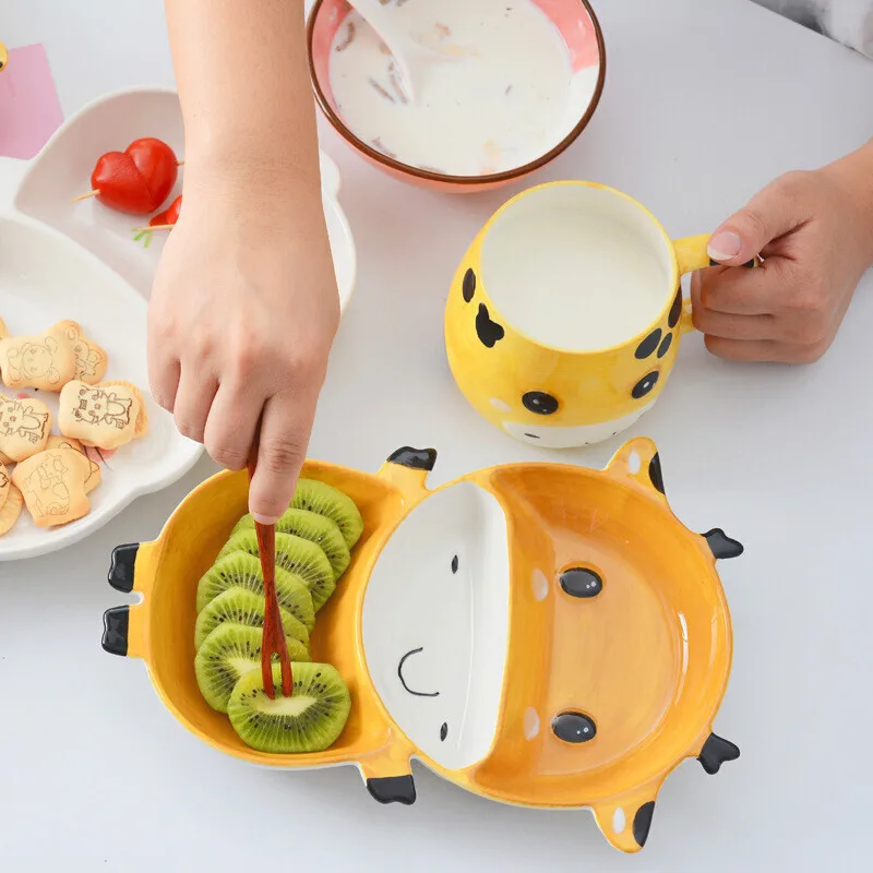 Cute Ceramica Plates Glazed Creative Hand Painted Bowl Spoon Set Breakfast Steak Children's Fruit Plate Animal Dish Cutlery