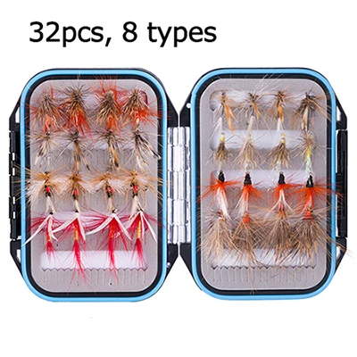 32pcs 8 types Goture 60 шт.(10 видов) мух для ловли нахлыстом Нимфа, стример, мягкий хакль, сухие/Влажные мухи поддельные рыболовные приманки с Водонепроницаемая коробка для мух - Цвет: 32pcs 8 types