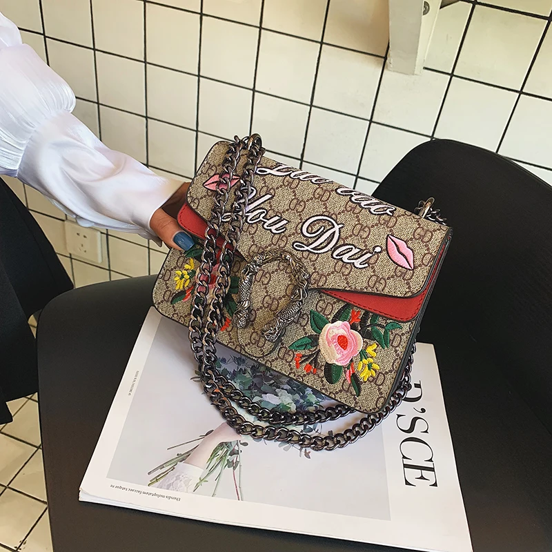2019 известный бренд роскошная сумка женская с вышивкой дизайнерская цепочкой