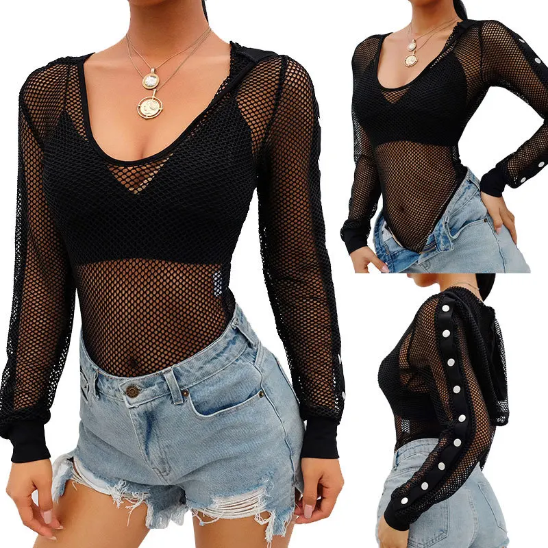 

BKLD Women Bodysuits 2022 Summer Sexy Tops Black Long Sleeve Hollow Out Hooded Side Button See-through Mesh Bodysuit Clubwear