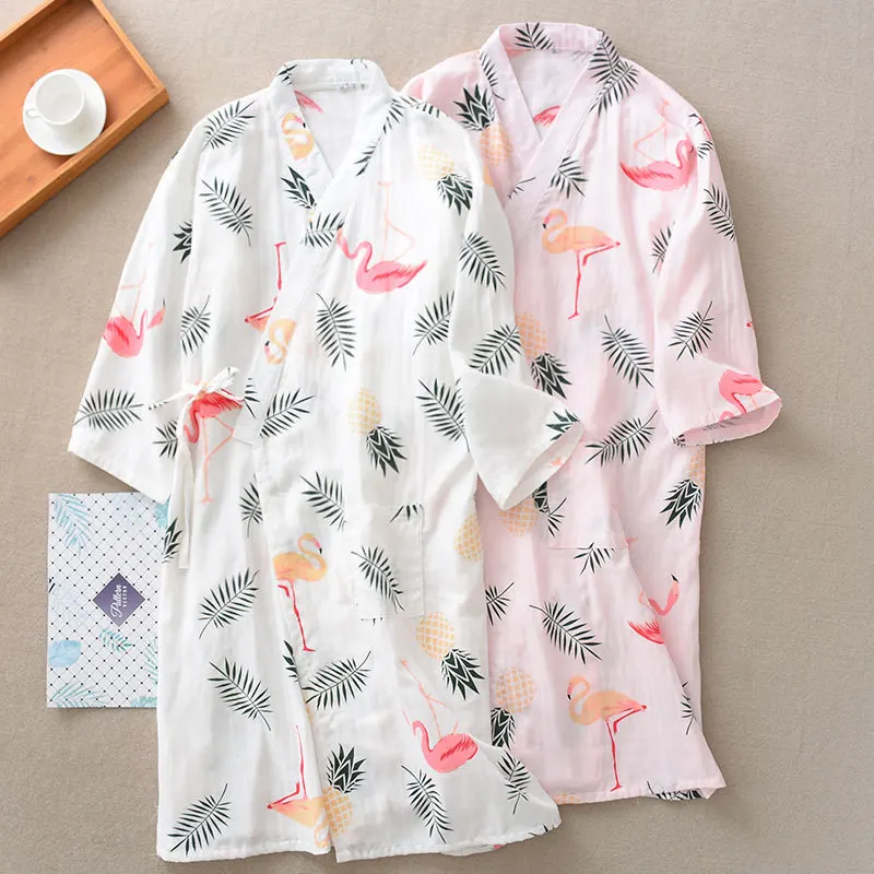Summer Women Cotton Gauze Robe Gown Sexy Japanese Kimono Bathrobe Casual Yukata Night Dress Print Lovely Pajamas Sleepwear