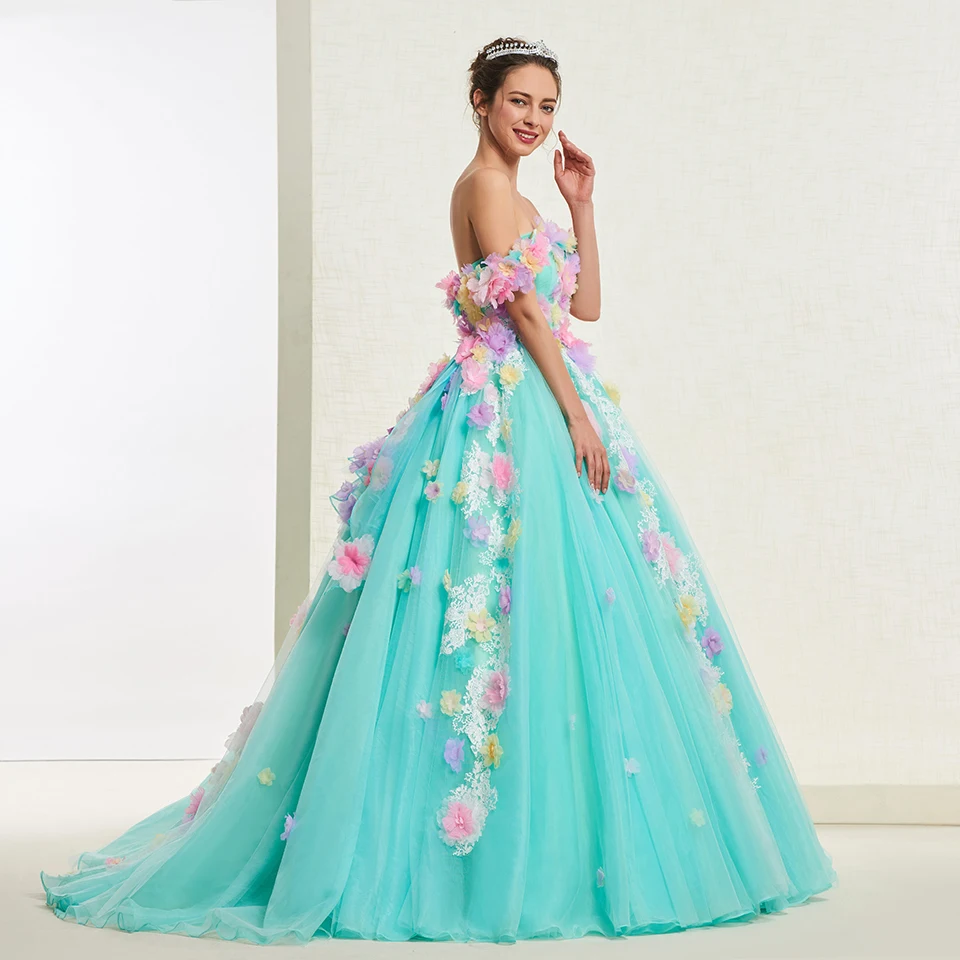 Платье голубого зеленое с аппликацией открытыми плечами Quinceanera платье принцессы