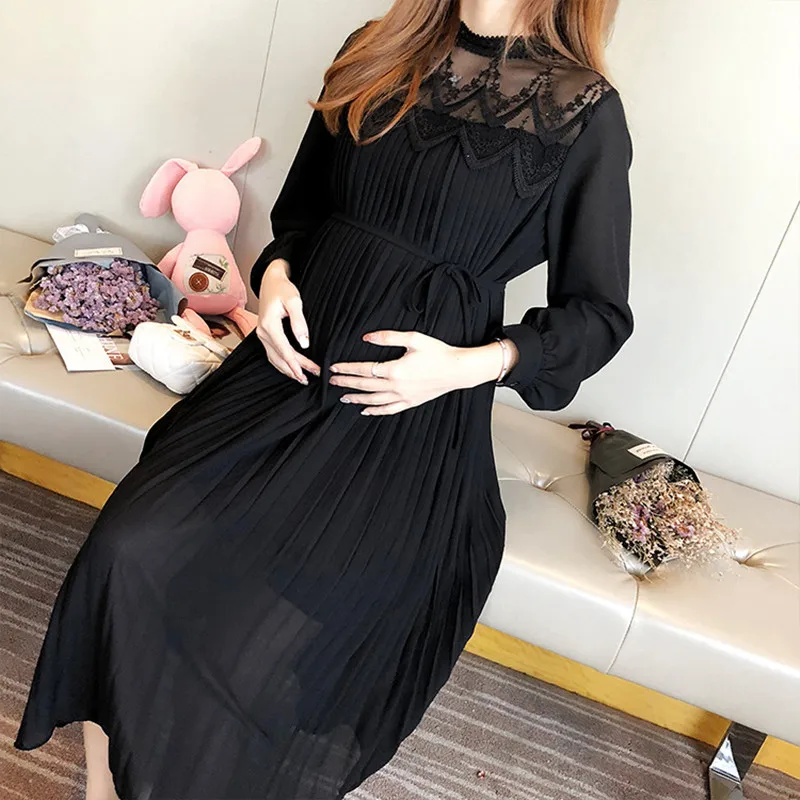 

Spring Maternity Catenate Dresses Long Sleeve Pregnancy Maternity Chiffon Clothing Pleated Fashion Dress for Pregnant Women
