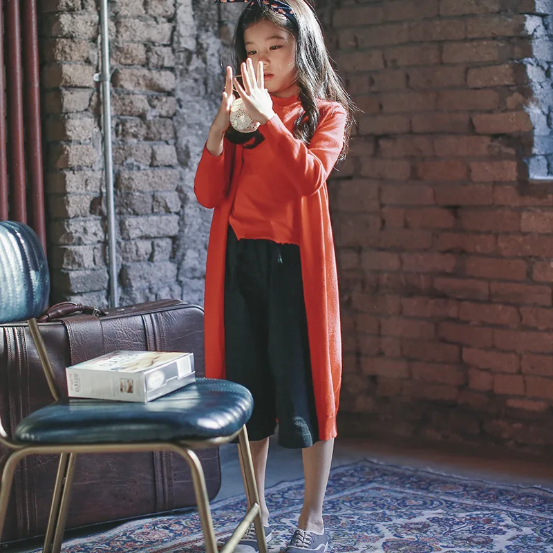 Весна Осень 2018 длинный вязаный свитер для маленьких девочек новый кардиган