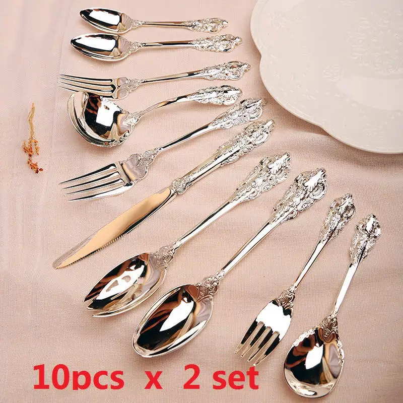 10pcs x 2sets 10 шт./компл. Западной роскошный серебристый цвет, набор столовых приборов для стейка набор посуды Ретро Настольная Ножи вилка ложка чайная ложка свадебные столовые приборы - Цвет: 10pcs x 2sets