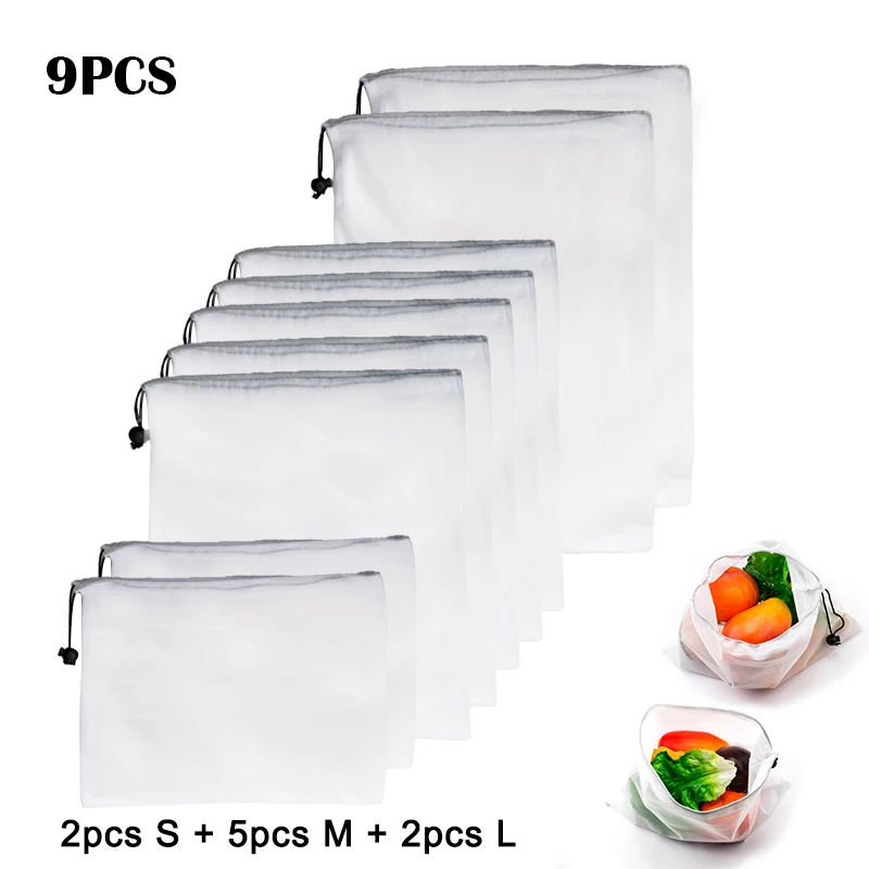 08 9pcs 15 шт многоразовые сетчатые мешки для овощей и фруктов, моющиеся экологически чистые сумки для хранения продуктов, игрушек, мелочей - Цвет: 08 9pcs
