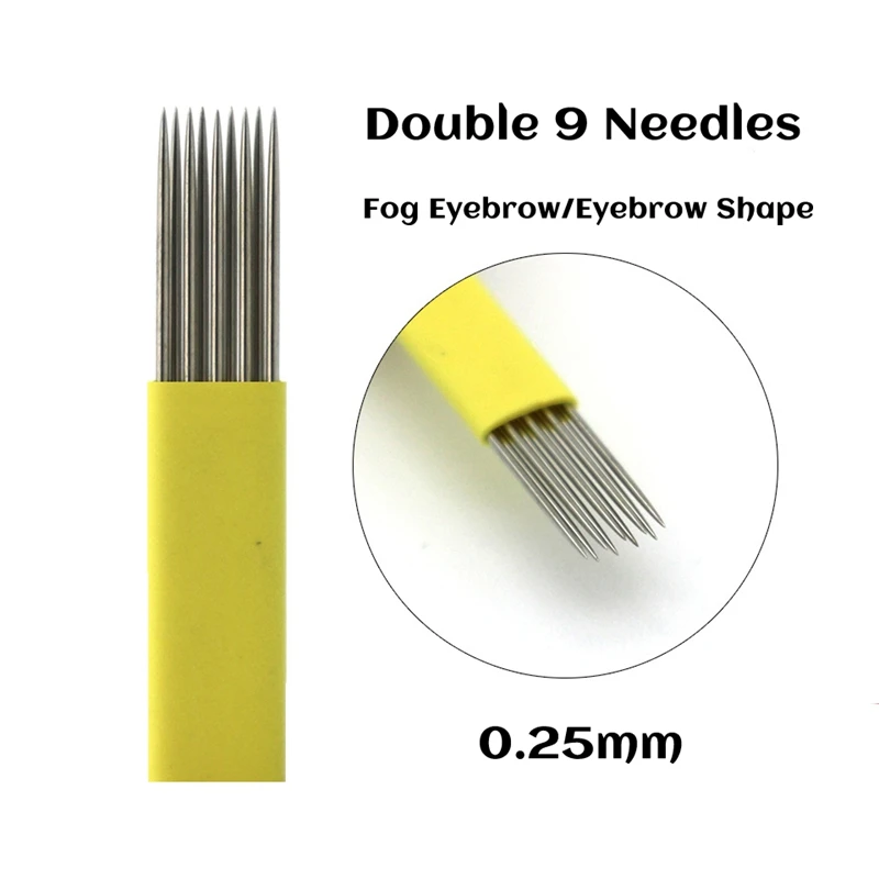 Double 9 Needles Двойные ряды мануального татуажа бровей Иглы 0,25 мм с плоским носком растушевки 9/15/17/19/21U ИГЛЫ Перманентный макияж бровей Иглы татуировки с вышивкой иглы для татуажа плоские иглы микроблейдинг - Габаритные размеры: Double 9 Needles