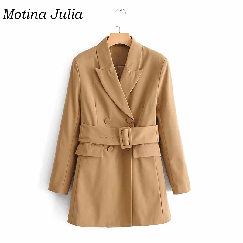 Motina Julia, трендовый двубортный Блейзер, пальто для женщин, пояс с поясом, pokcets, Блейзер, верхняя одежда, куртка, пальто, стрейчевый женский