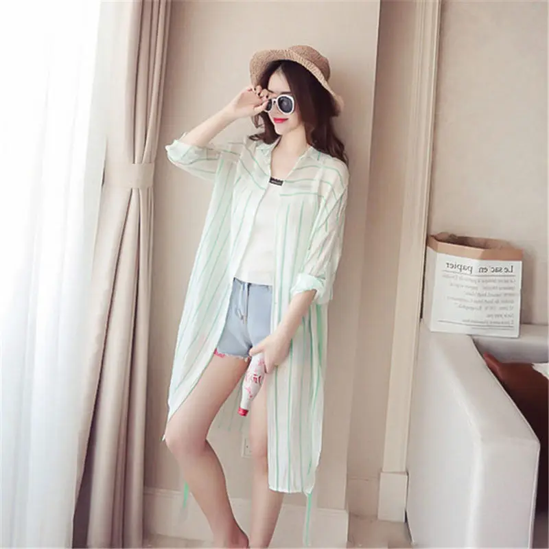 Женские топы рубашка в полоску 2019 шифоновый кардиган топ кафтан туники большого
