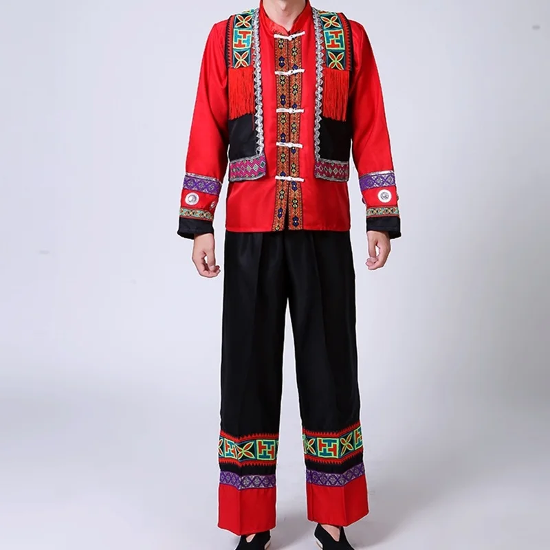 red black Хмонг мужская одежда Национальный Китайский народный танец thnic современный хмонг одежда танцевальные костюмы Классическая хмонг одежда дизайн FF1974 - Цвет: red black