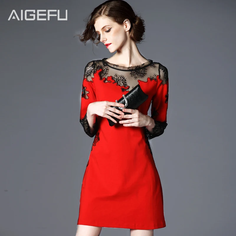 Европа 2015 осенью новинка кружева шить платье талии тонкий сплошной небольших