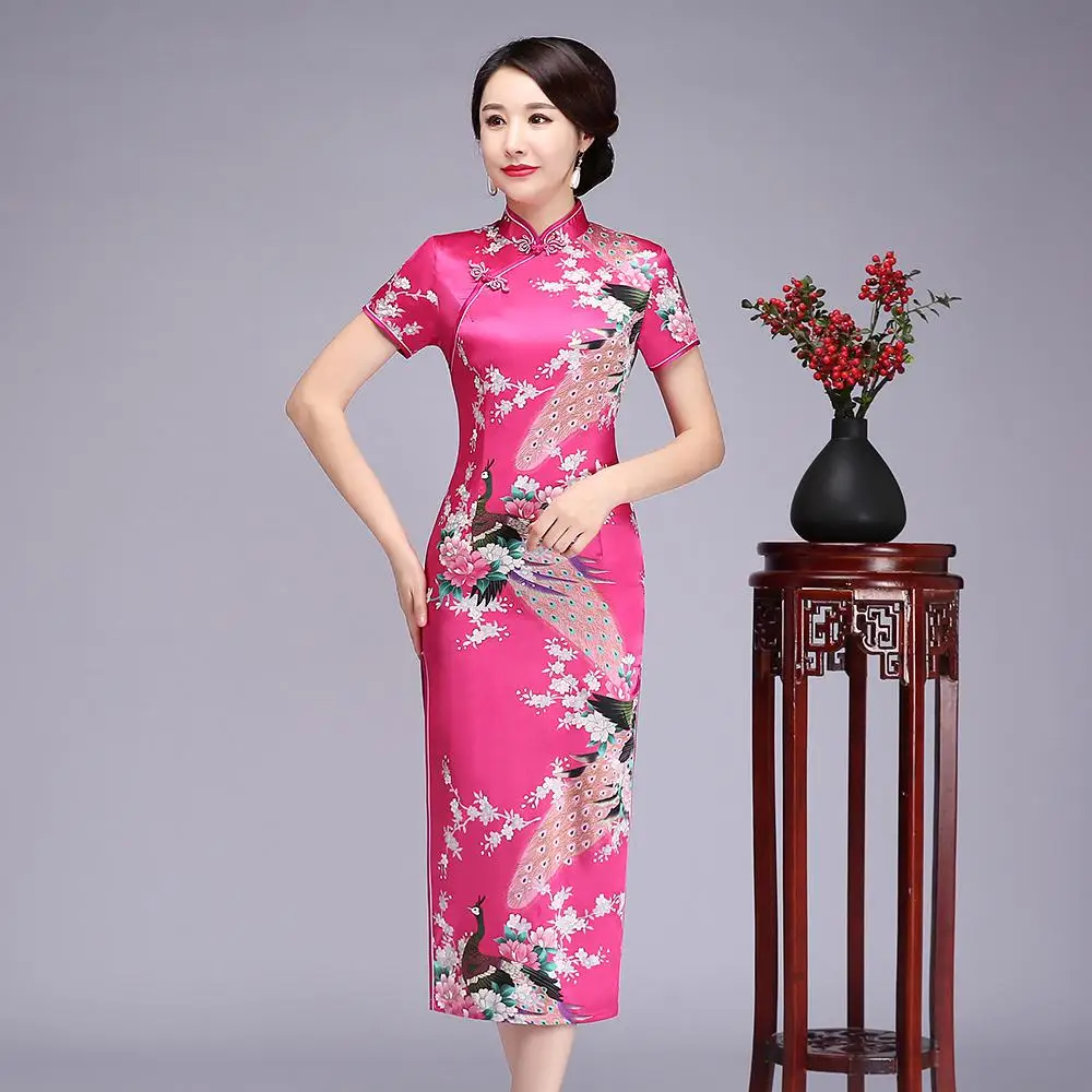 Винтаж для женщин печати Cheongsam классический цветок атласное платье китайский стиль шоу на сцене платья для платья большого размера Qipao Vestido 5XL 6XL - Цвет: Short Sleeve 3