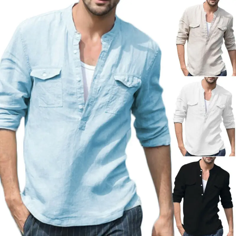 Модные мужские повседневные льняные рубашки с длинным рукавом роскошные