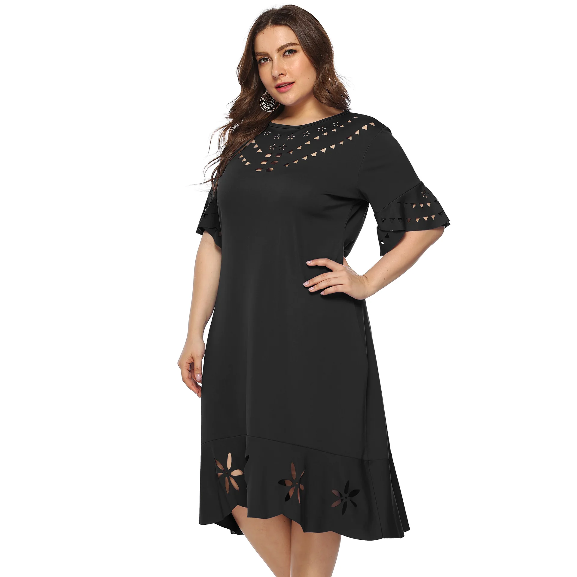 Платье большого размера летнее однотонное кружевное платье женское элегантное