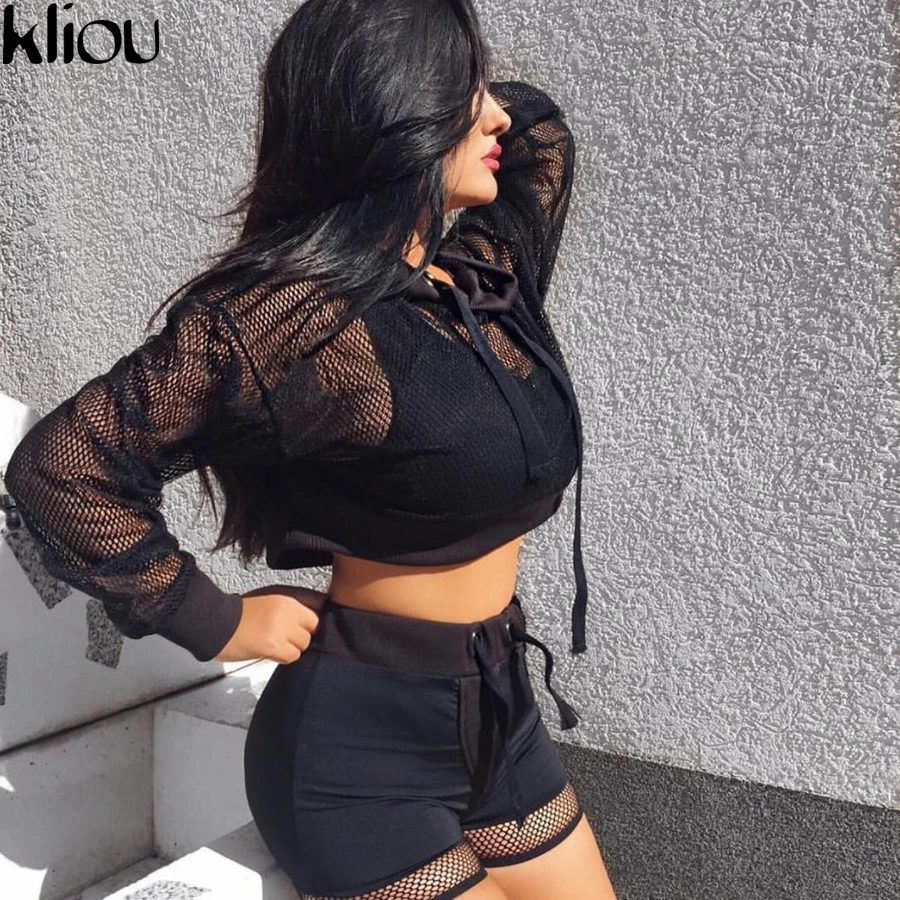 Kliou, длинный рукав, сетка, прозрачные, сексуальные толстовки,, лето, осень, женская мода, новинка, с капюшоном, пуловер, толстовки, одноцветные, свитшоты