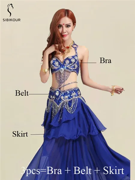 Royal Blue 3pcs Женский сексуальный танец живота костюм танец живота Болливуд юбка Болливуд Восточный костюм бюстгальтер пояс Египетский танец одежда - Цвет: Royal Blue 3pcs