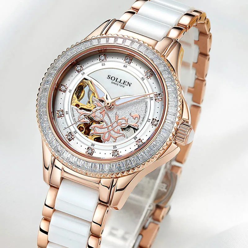 SOLLEN Топ бренд класса люкс автоматические механические часы бриллиантовые