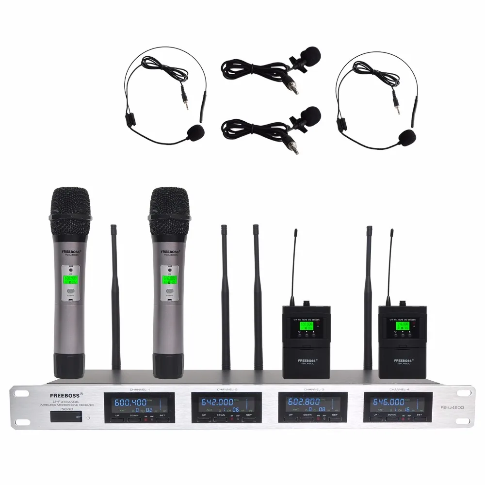 Freeboss 4 канала 4*100 каналов PLL IR частота UHF беспроводной микрофон с 2 металлическими
