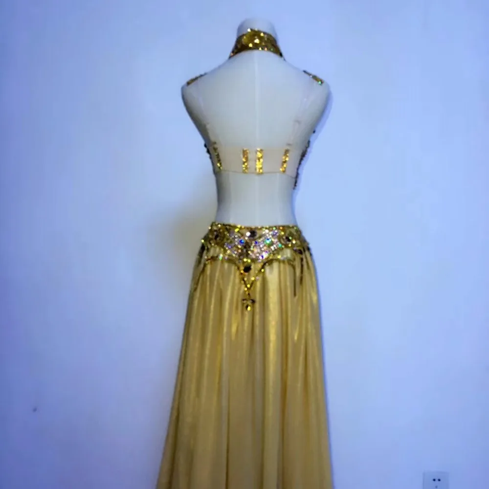 Stage wear Prom Sexy Sequin Gold Rhinestone Outfit Bra Short Skirt Crystal Design Party Dress Dj Female Singer Nightclub Costume |