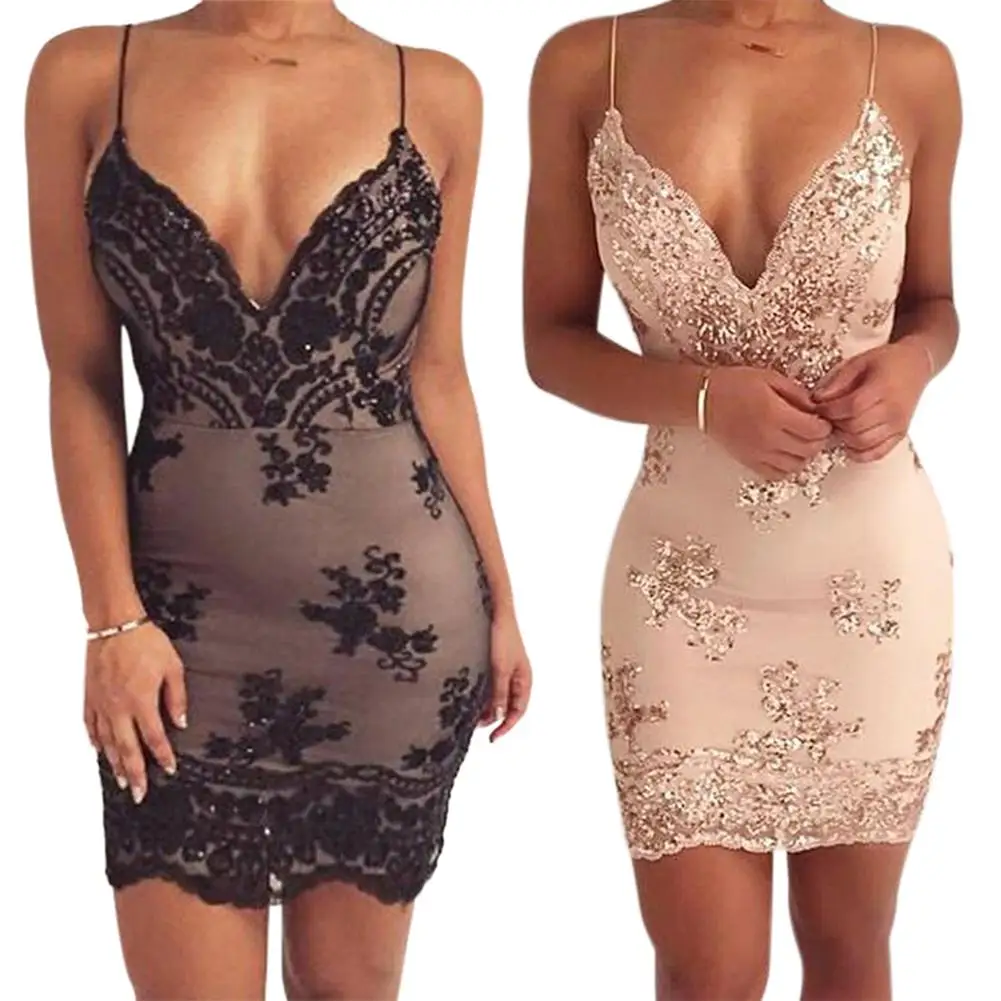 MISSKY Golden Paillette Sexy Deep V-shape Collar Backless Dress Spaghetti Strap Bodycon | Женская одежда