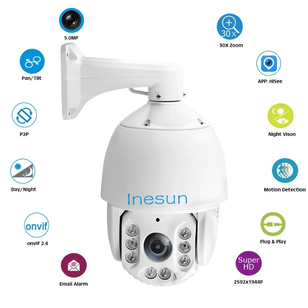 Inesun H.265 наружная PTZ IP камера безопасности 7 дюймов 5MP супер HD 2592x1944 30X оптический зум