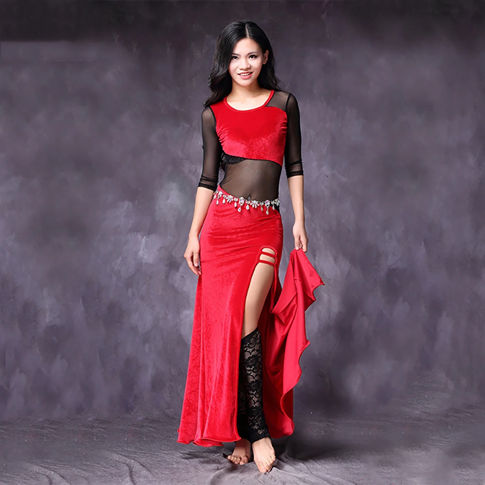 

Sexy Belly Dance Dresses For Ladies Red Pink Blue Green Velvet Dress Elastic Women Square Flamenco Ballroom Garments Q11191